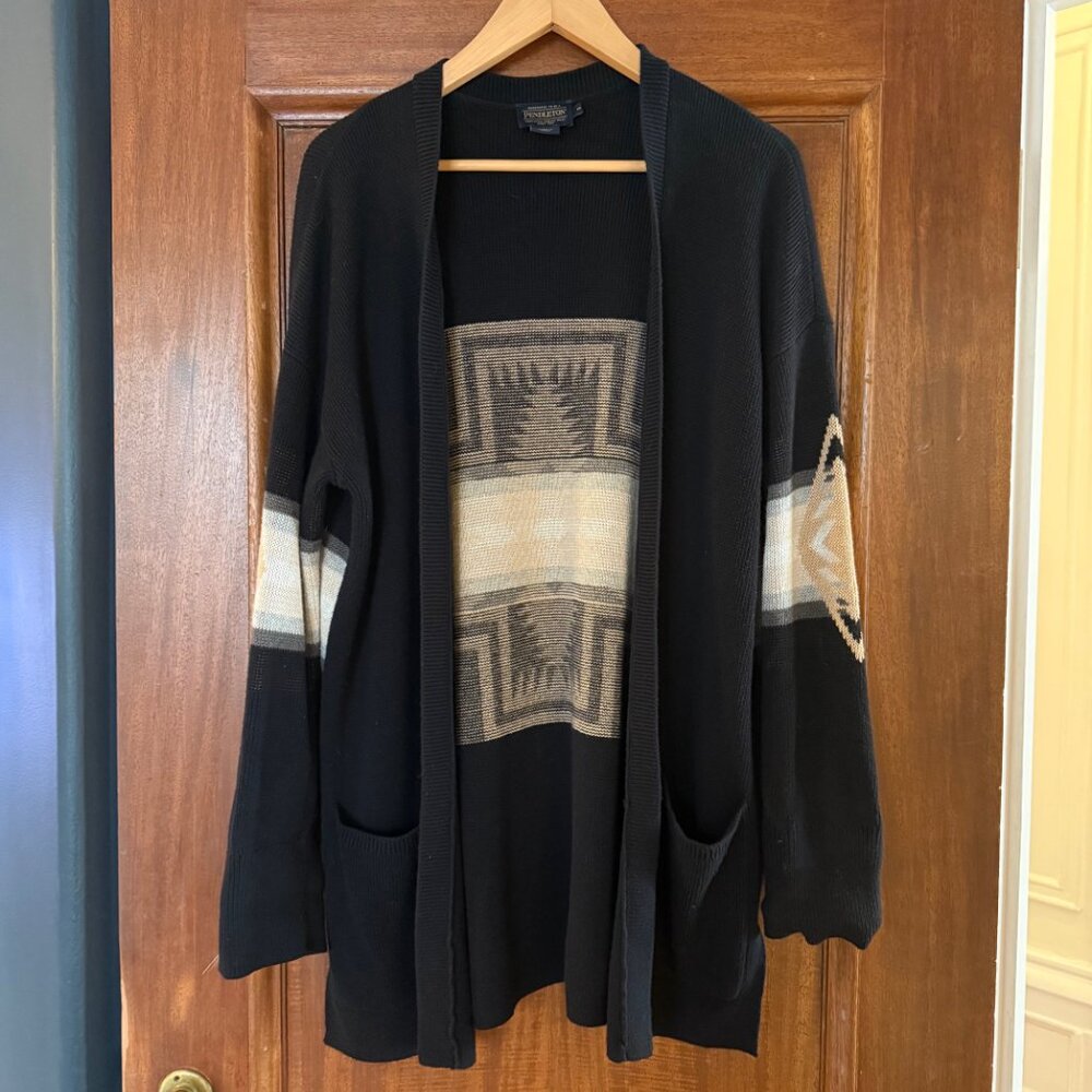 Pendleton Black Sweater Cardigan with Tan and Cream Geometric Panel - Picture 6 of 10